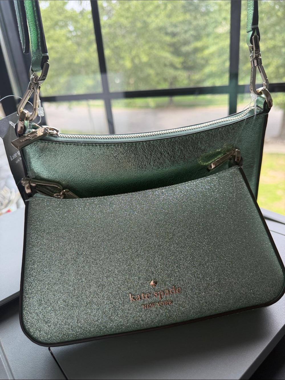 Kate Spade Sea Water Crossbody Duo Metallic Emerald Green and Glitter bags